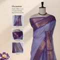 Chettinad cotton saree with zari border in lavender and purple front view on mannequin