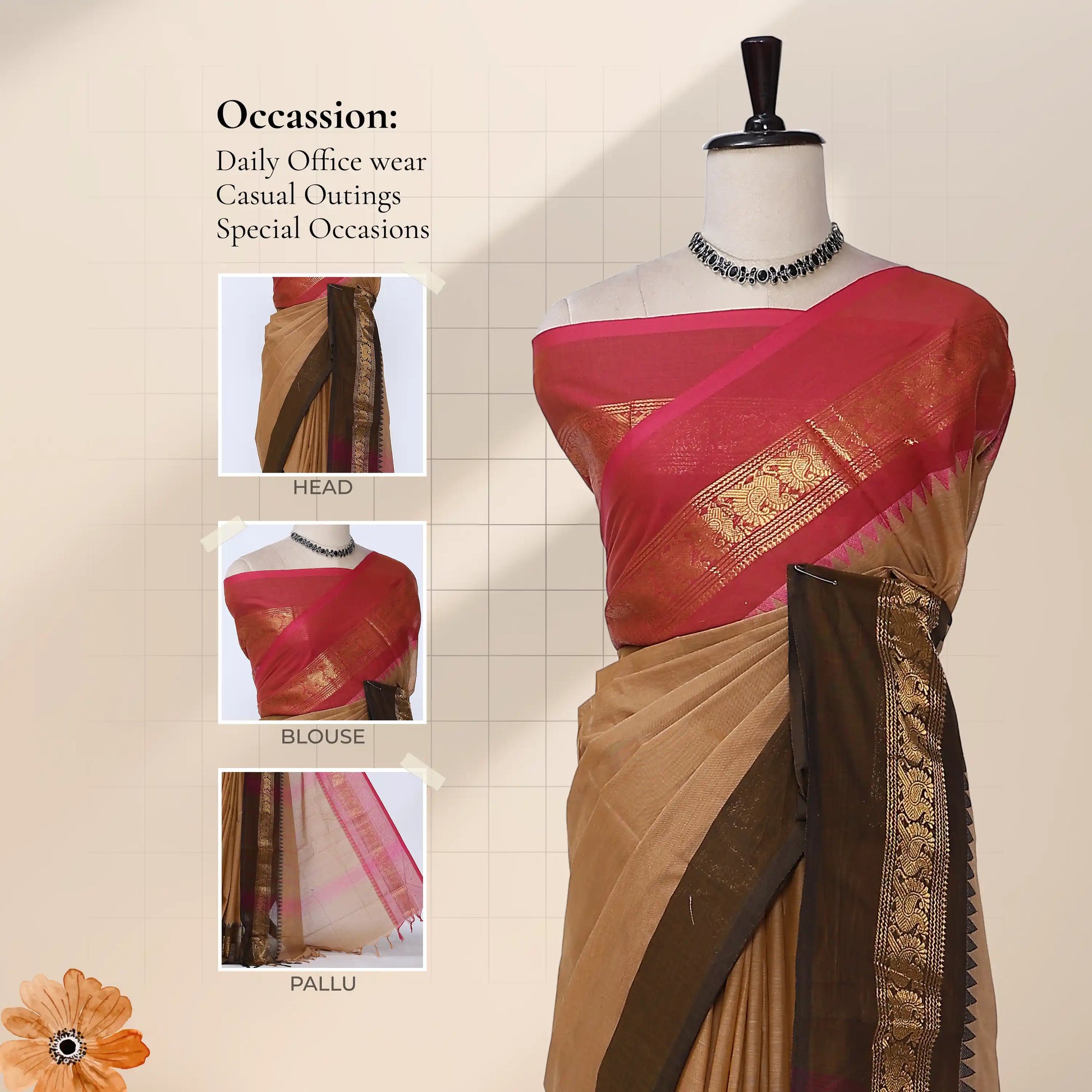 Chettinad cotton saree with light brown body gold zari border and  contrast pallu front draped view on mannequin.