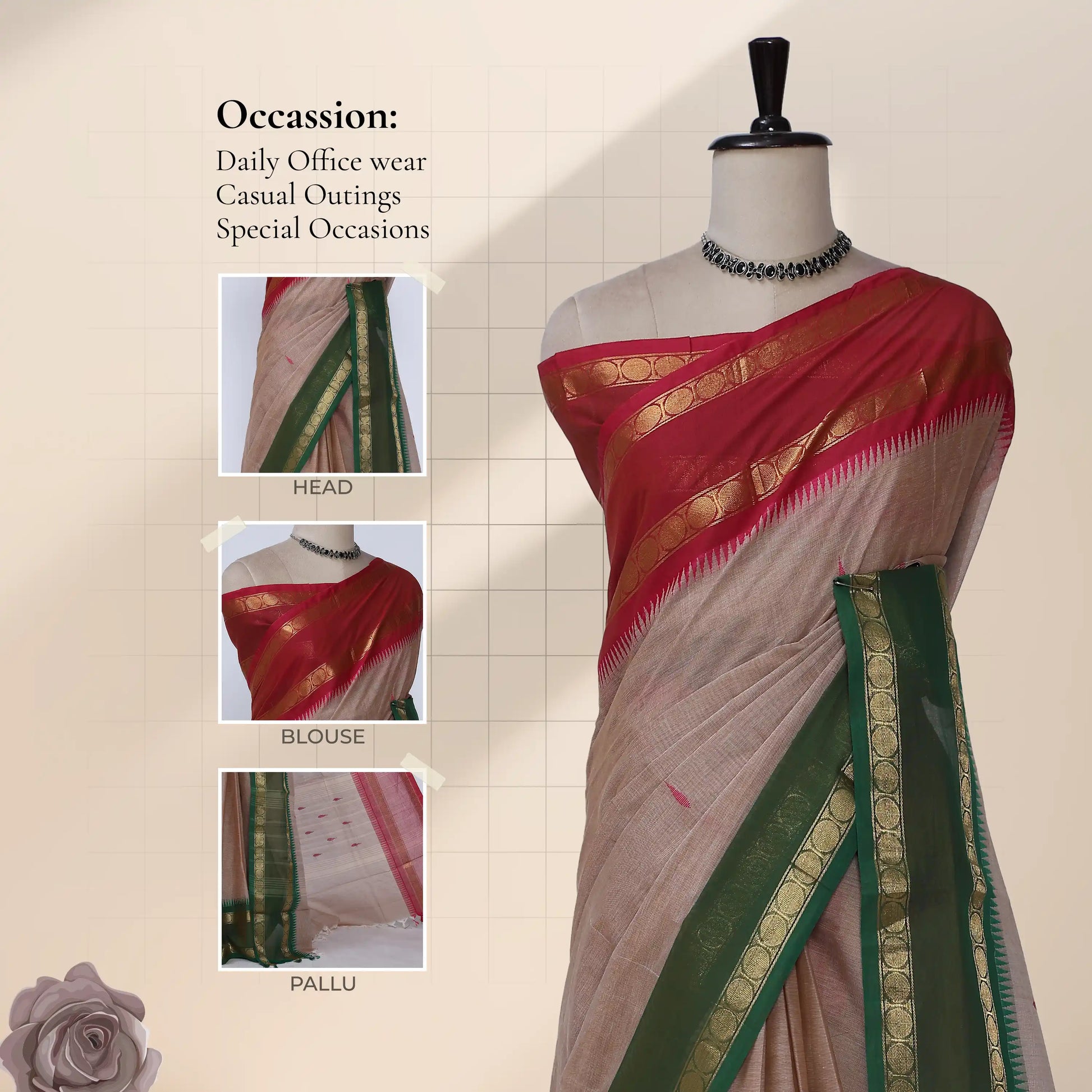 Chettinad cotton saree with temple zari woven border brown body with buttas front draped view on mannequin.