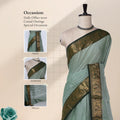 Chettinad cotton saree with zari border in light green front view on mannequin for office and festive wear.