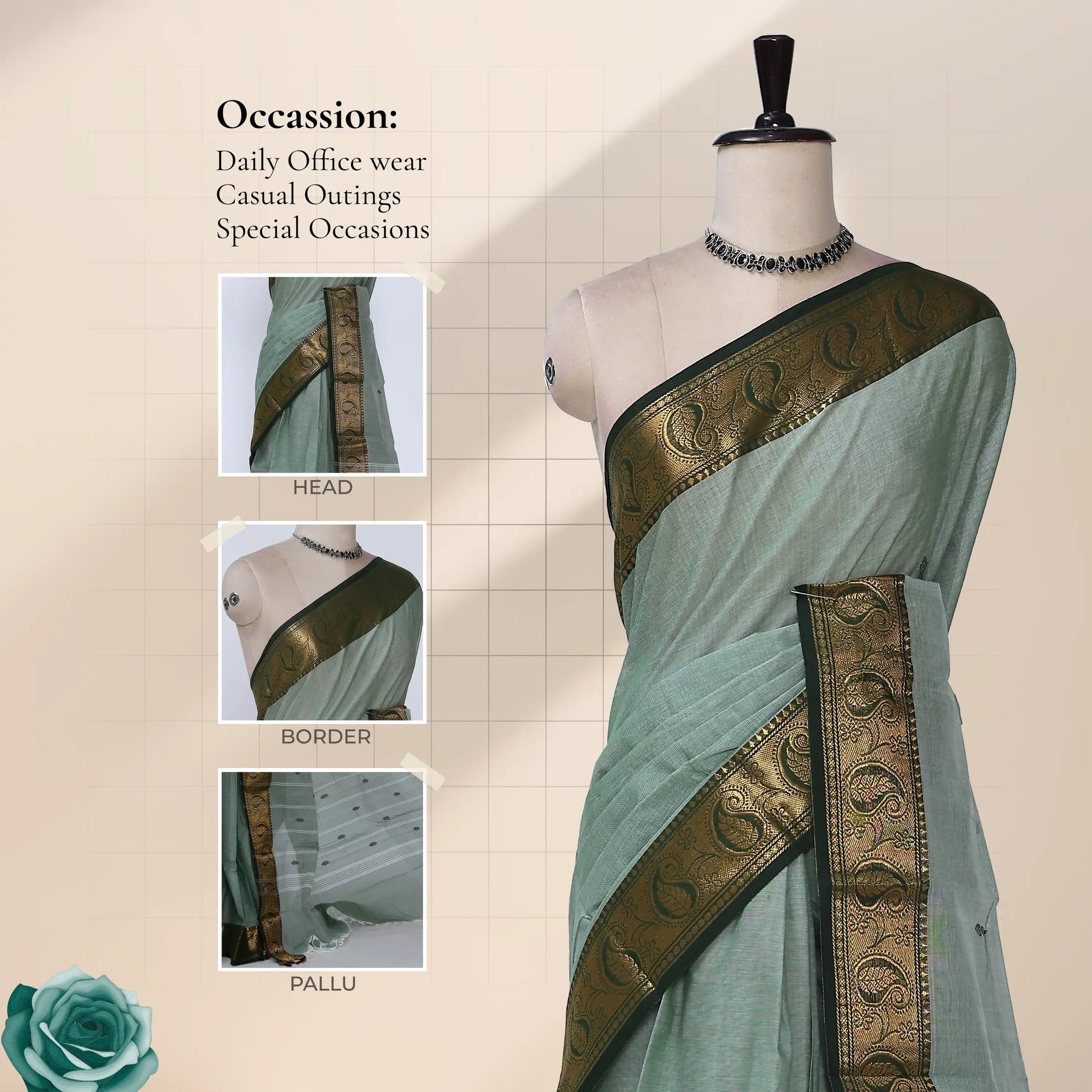 Chettinad cotton saree with zari border in light green front view on mannequin for office and festive wear.