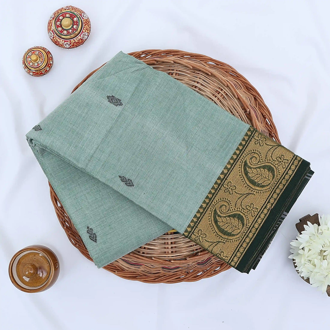 Light Green Chettinad Cotton Sarees for Women | Office Wear Daily Wear & Special Occasion | Jeyachandran - Full View