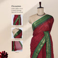 Chettinad cotton saree with temple zari woven border in maroon and green front draped view on mannequin