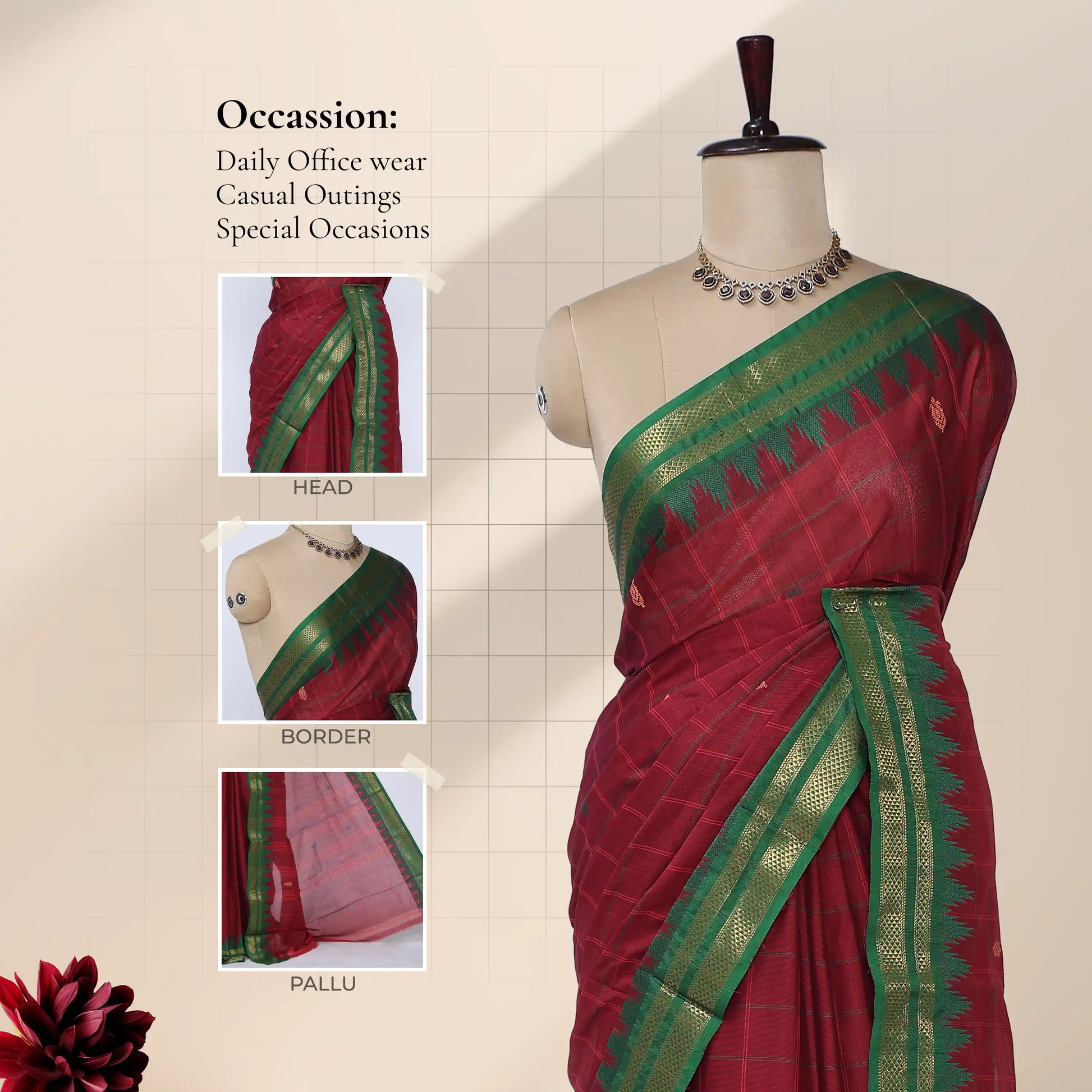 Chettinad cotton saree with temple zari woven border in maroon and green front draped view on mannequin