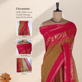 Chettinad cotton saree with plain olive green body and contrast pink zari border front view on mannequin.