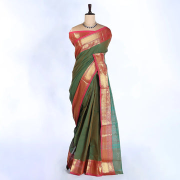 Olive Green Chettinad Cotton Sarees for Women | Office Wear Daily Wear & Special Occasion | Jeyachandran - Full View