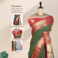 Chettinad cotton saree with olive green plain body broad pink and gold zari border front draped view on mannequin.