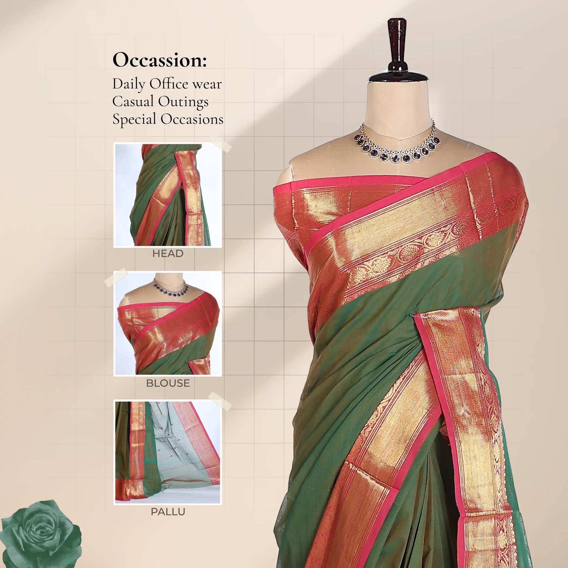 Chettinad cotton saree with olive green plain body broad pink and gold zari border front draped view on mannequin.