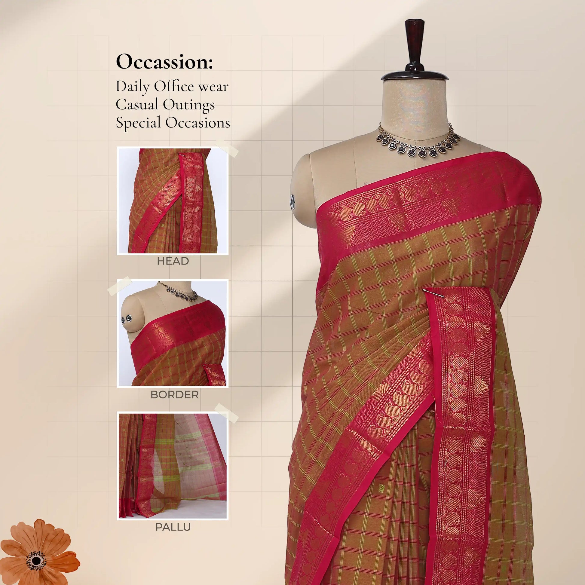 Chettinad cotton saree with peacock zari woven border in olive green and pink front draped view
