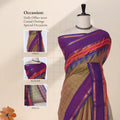 Chettinad cotton saree with checked body and multicolor zari woven border in olive green and purple front draped view