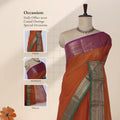 Chettinad cotton saree with orange body purple border and green zari pallu front view on mannequin.