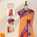 Chettinad cotton saree with plain orange body and contrast purple zari border front view on mannequin.