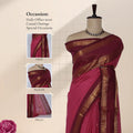 Chettinad cotton saree with contrast maroon brocade zari border in pink front view on mannequin