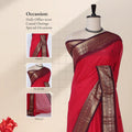 Chettinad cotton saree with temple floral gold zari border in bright pink front draped view on mannequin