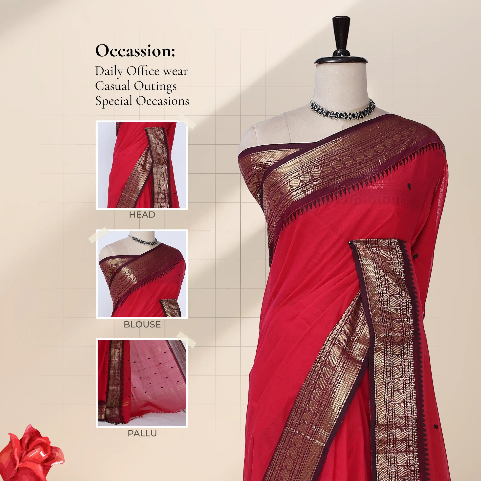 Chettinad cotton saree with temple floral gold zari border in bright pink front draped view on mannequin