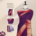 Chettinad cotton saree with purple body contrast red gold zari border and butta motifs front mannequin view