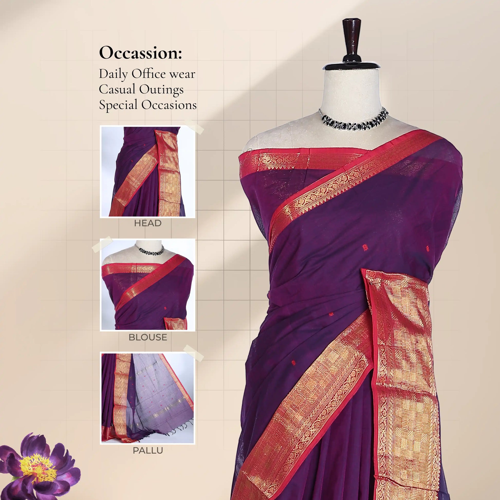 Chettinad cotton saree with purple body contrast red gold zari border and butta motifs front mannequin view