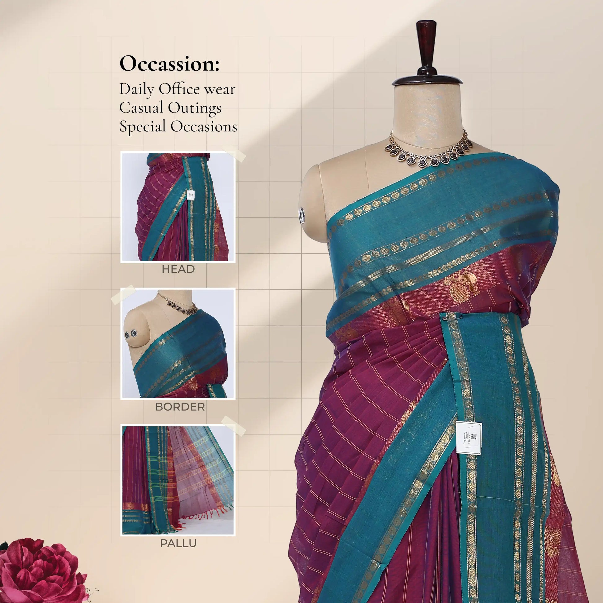 Chettinad cotton saree with zari woven border in teal blue and purple front draped view on mannequin