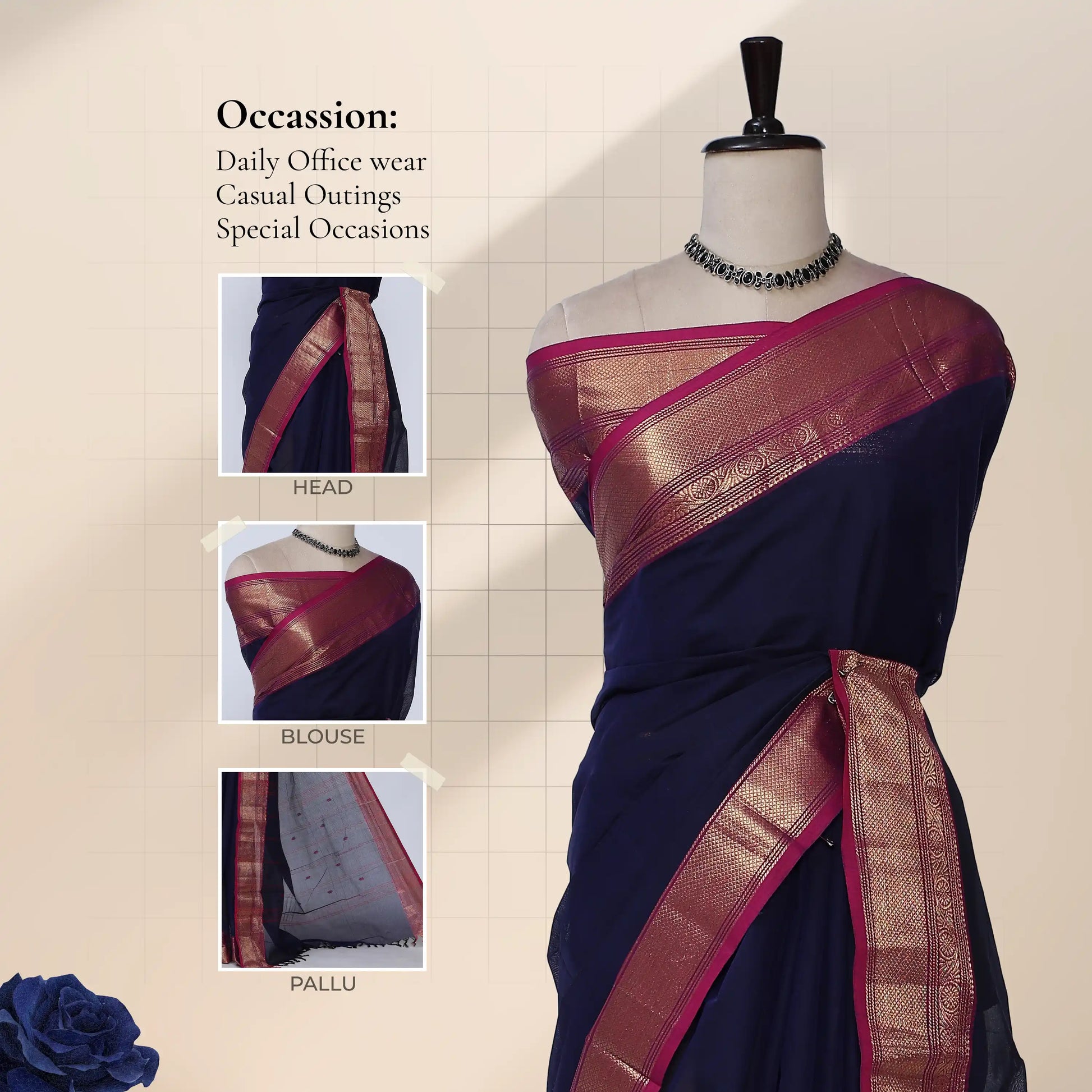 Chettinad cotton saree with traditional zari woven border in royal blue and magenta front draped view on mannequin.