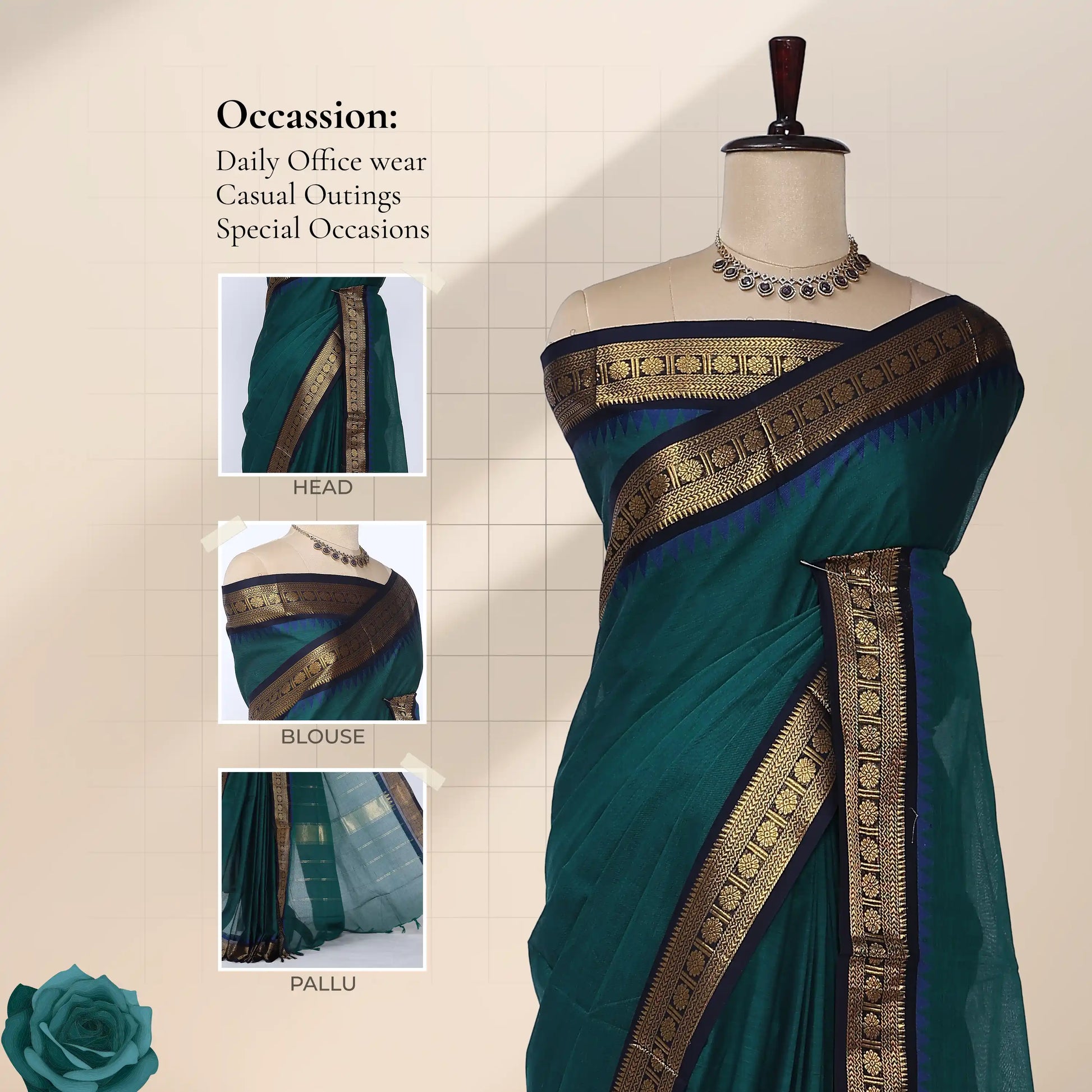 Chettinad cotton saree with traditional gold zari border in teal green front draped view on mannequin