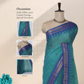 Chettinad cotton saree with teal striped body blue temple zari border draped on mannequin front view
