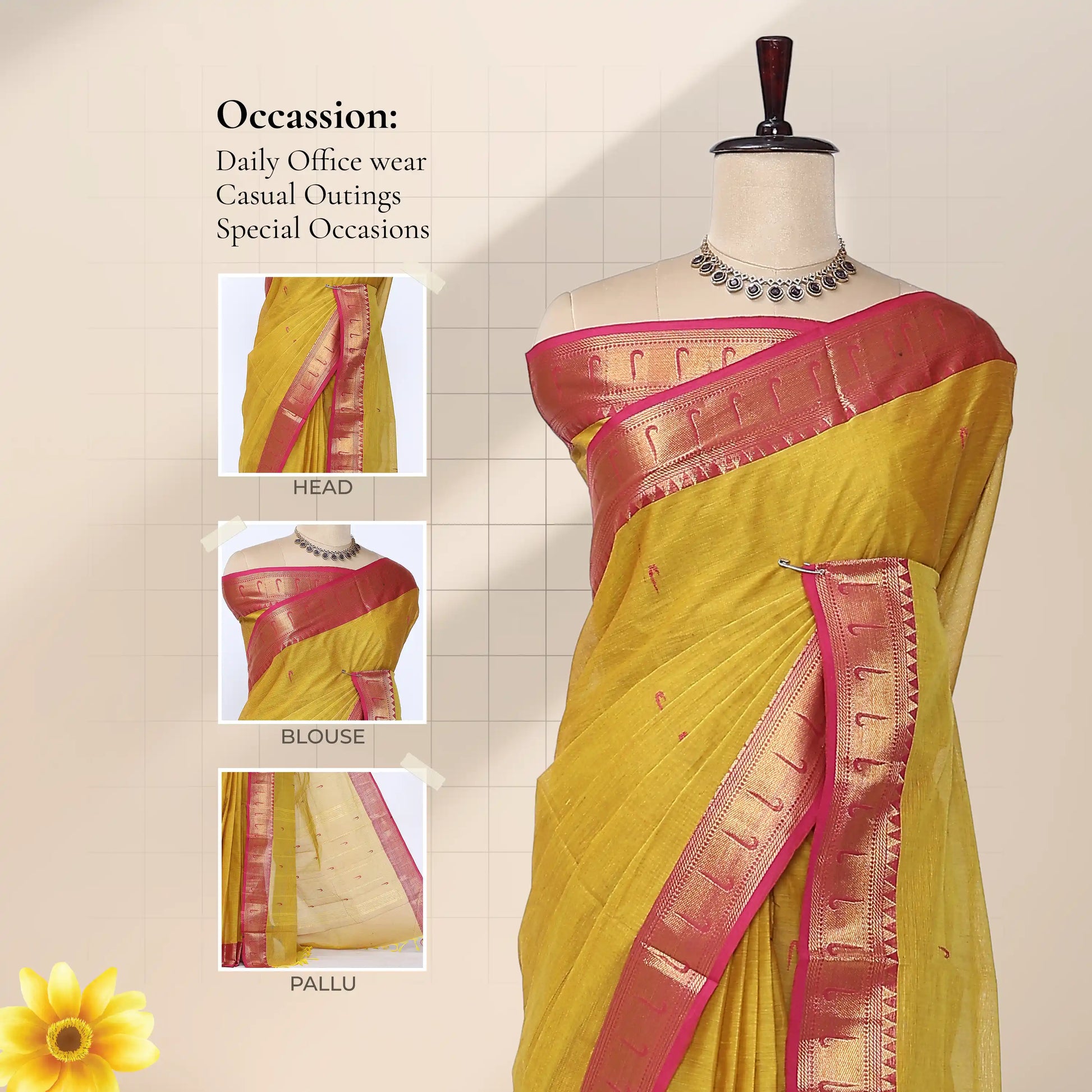 Chettinad cotton saree with yellow body contrast pink zari border and butta motifs front draped view on mannequin.