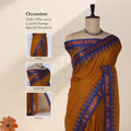 Chettinad cotton saree with temple zari border in mustard yellow and royal blue front draped view on mannequin