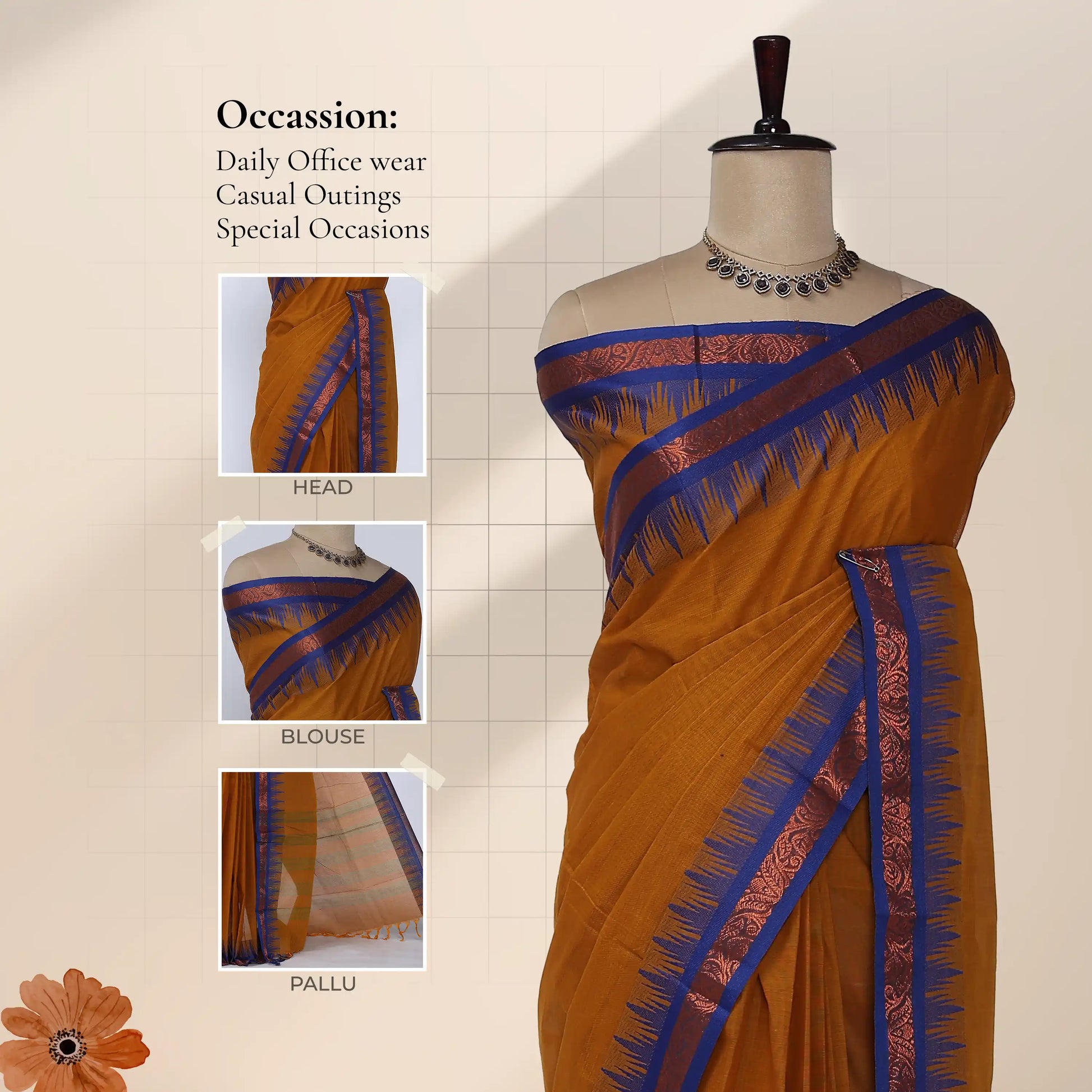 Chettinad cotton saree with temple zari border in mustard yellow and royal blue front draped view on mannequin
