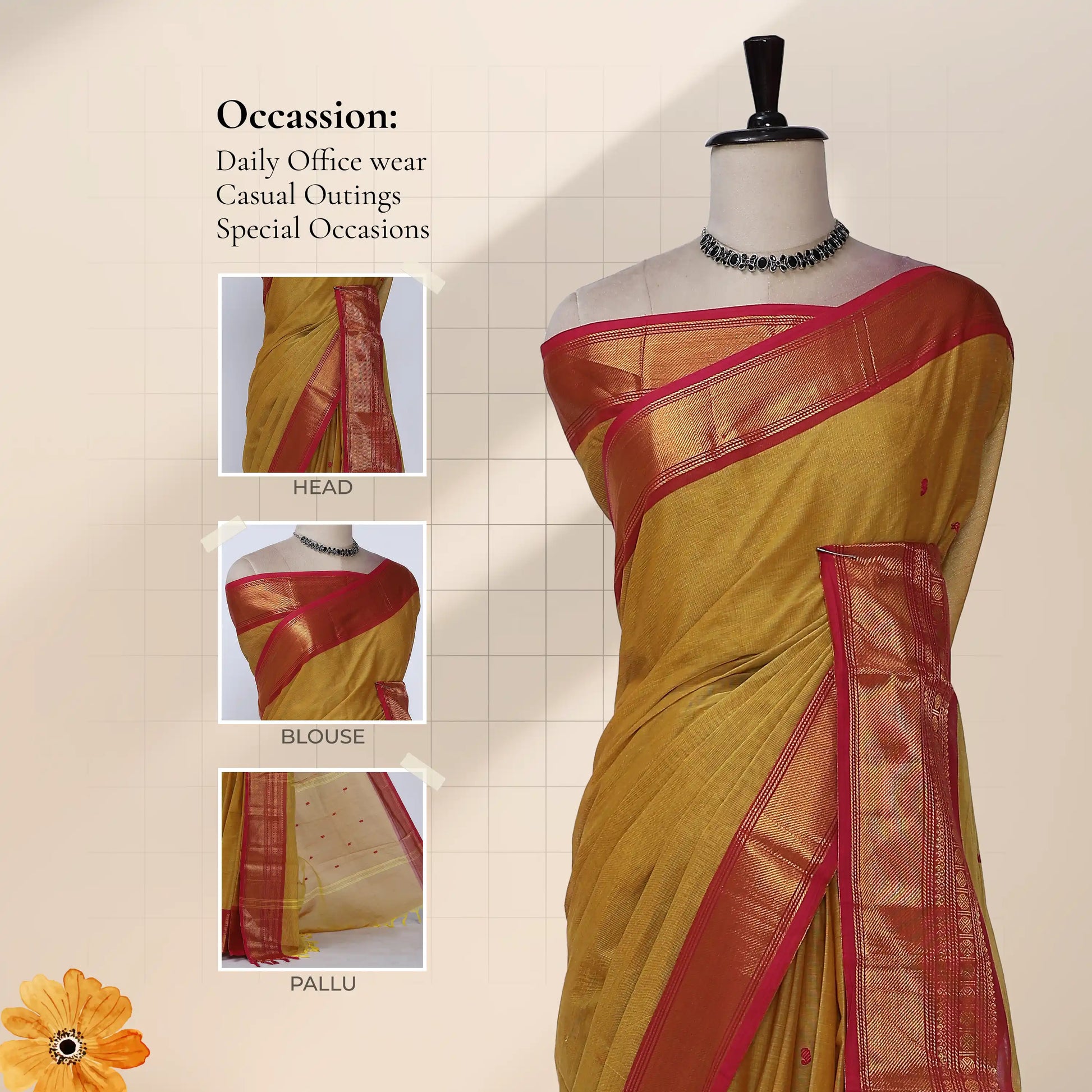 Chettinad cotton saree with contrast red brocade zari border in mustard yellow front view on mannequin