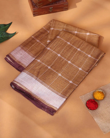 Semi Tissue Saree for Women with Checked Body and Contrast Woven Border - Brown