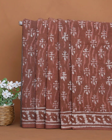 Dabu Print Pure Cotton Saree with Floral Motif Pattern and Traditional Printed Border - Brown