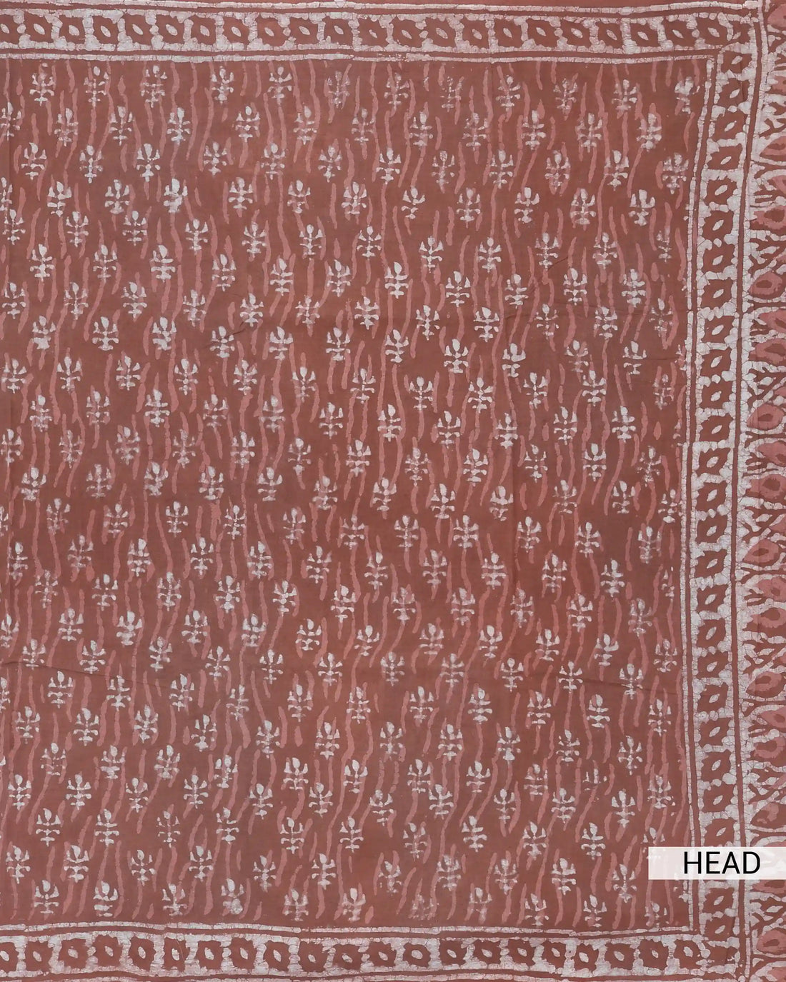 Dabu Print Pure Cotton Saree with Floral Motif Pattern and Traditional Printed Border - Brown