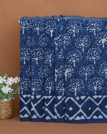 Dabu Hand Block Printed Pure Cotton Saree with Tree Motifs and Geometric Border - Blue