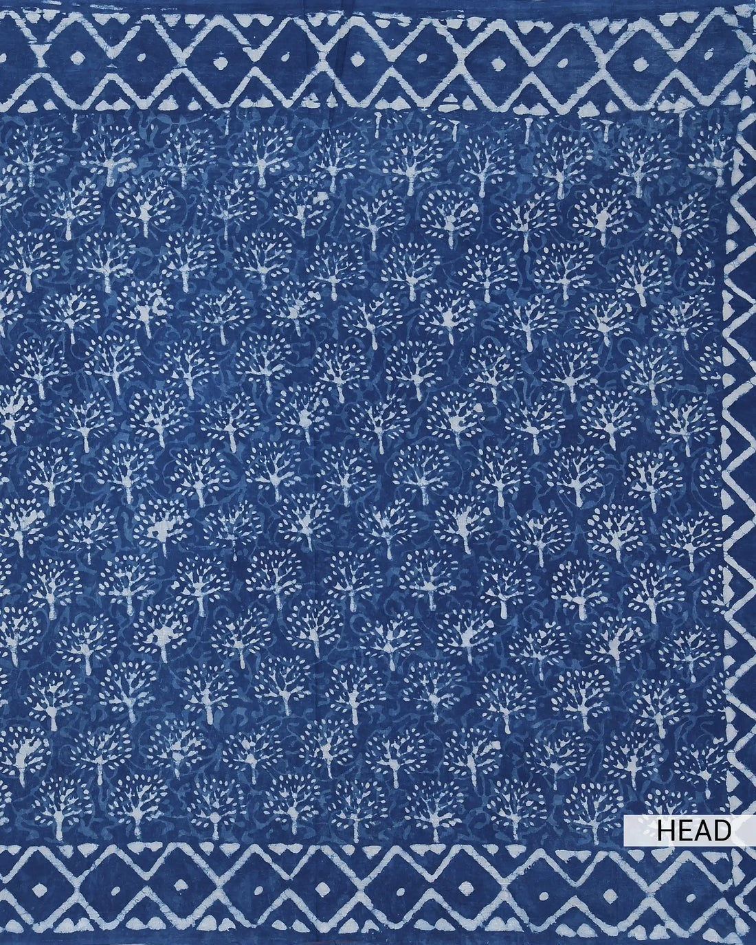 Dabu Hand Block Printed Pure Cotton Saree with Tree Motifs and Geometric Border - Blue