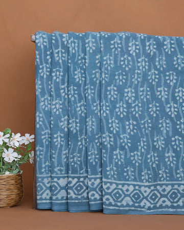 Dabu Print Pure Cotton Saree with Floral Vine Motifs and Geometric Border - Blue