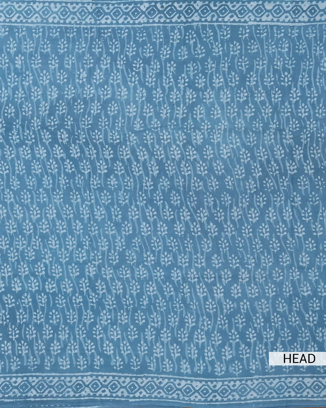 Dabu Print Pure Cotton Saree with Floral Vine Motifs and Geometric Border - Blue