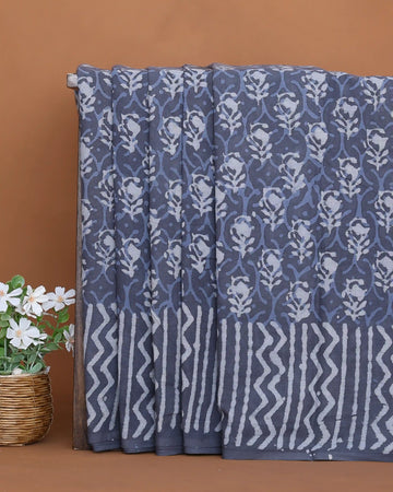 Dabu Print Pure Cotton Saree with Floral Vine Motifs and Zig Zag Patterned Border - Grey