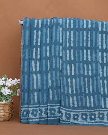Dabu Hand Block Printed Pure Cotton Saree with Linear Dash Motifs and Traditional Border - Blue