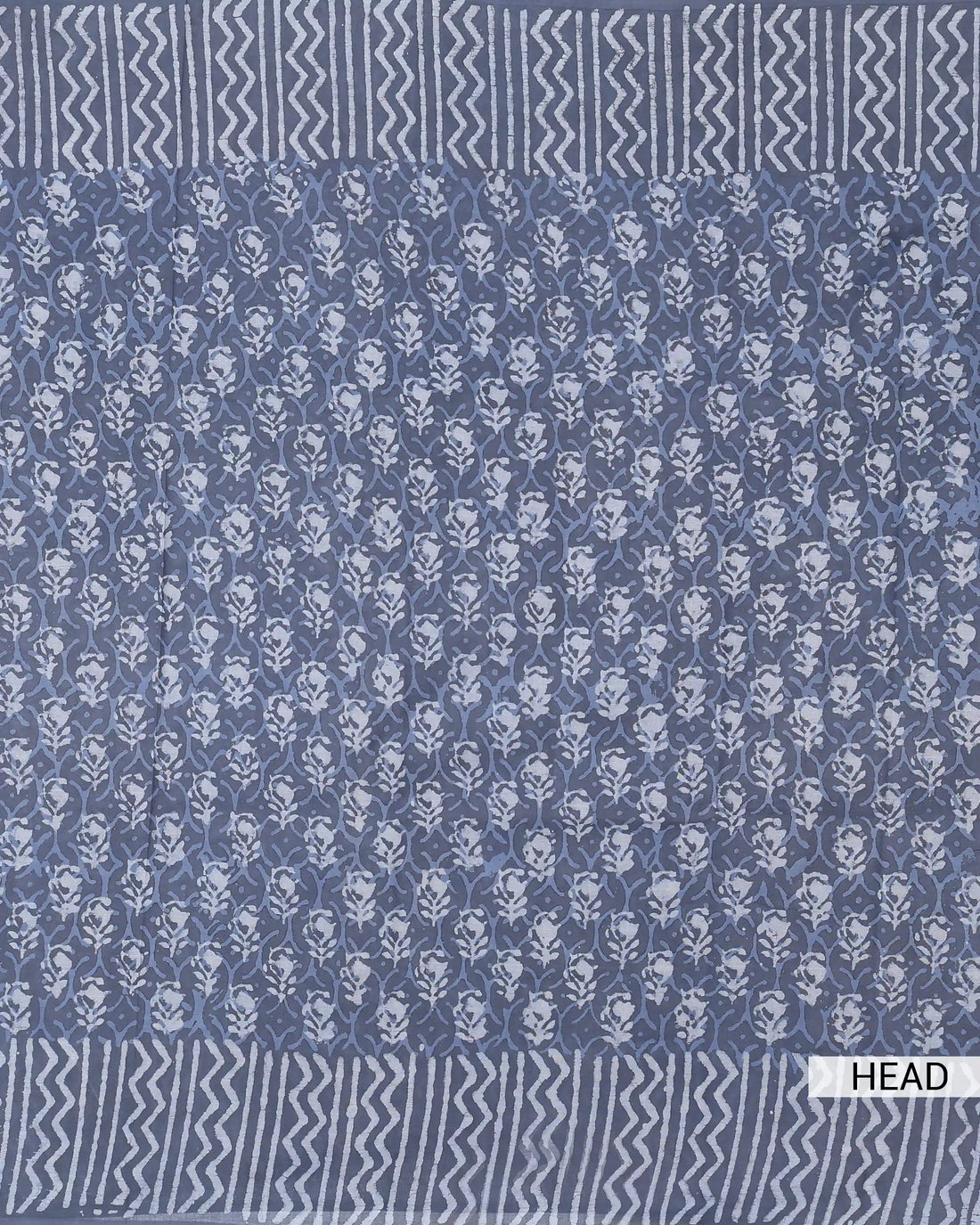 Dabu Print Pure Cotton Saree with Floral Vine Motifs and Zig Zag Patterned Border - Grey