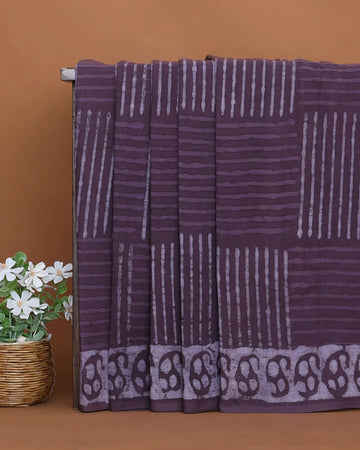 Dabu Print Pure Cotton Saree with Striped Pattern and Paisley Printed Border - Purple