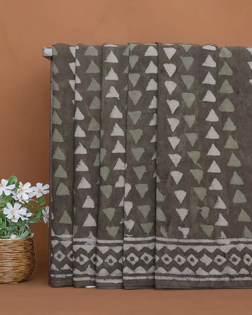 Dabu Print Pure Cotton Saree with Geometric Motifs and Geometric Border - Olive Green