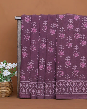 Dabu Hand Block Printed Pure Cotton Saree with Floral Buti Motifs and Traditional Border - Purple