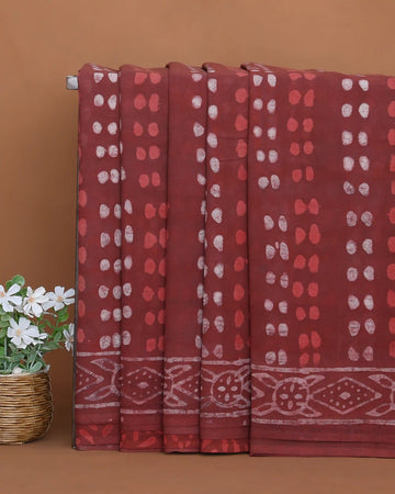Dabu Print Pure Cotton Saree with Traditional Dot Pattern and Intricate Printed Border - Maroon