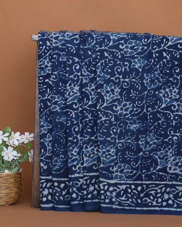 Dabu Print Cotton Saree with Intricate Floral Motifs and Printed Traditional Border - Blue