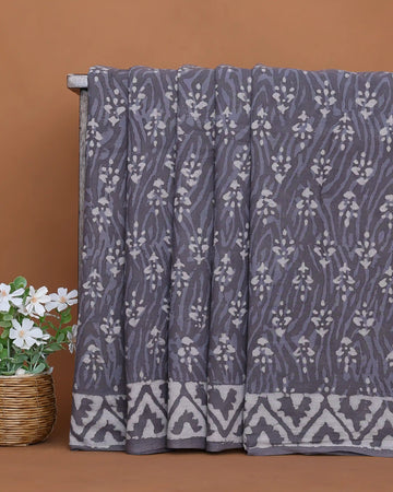 Dabu Print Cotton Saree with Intricate Floral Vine Motifs and Traditional Geometric Border - Grey