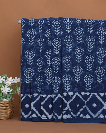 Dabu Hand Block Printed Pure Cotton Saree with Floral Buti Motifs and Geometric Border - Blue