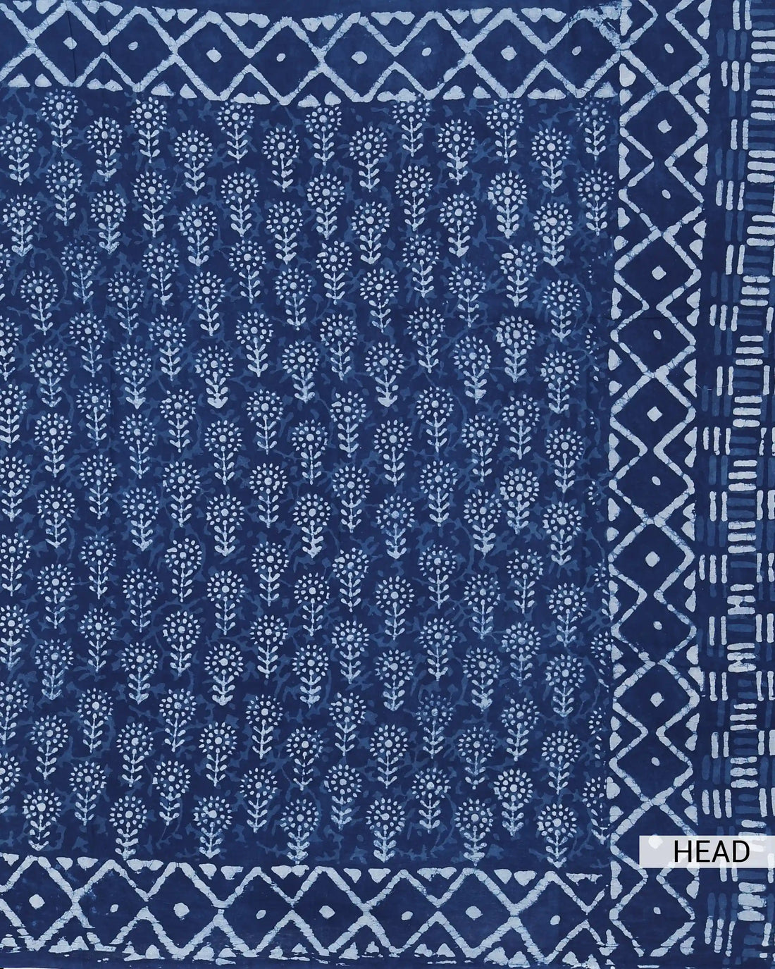 Dabu Hand Block Printed Pure Cotton Saree with Floral Buti Motifs and Geometric Border - Blue
