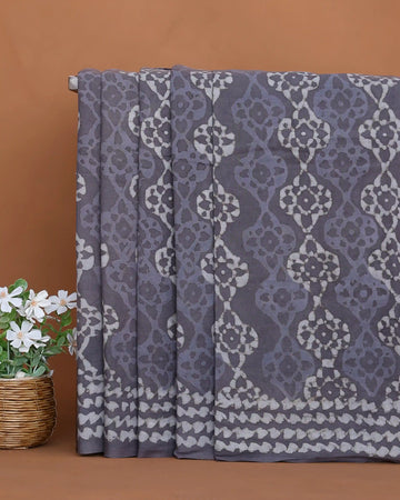Hand Block Printed Dabu Pure Cotton Saree with Traditional Floral Motifs and Printed Border - Grey