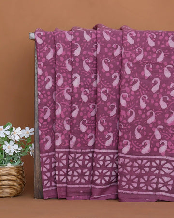 Dabu Print Pure Cotton Saree with Traditional Paisley Motifs and Geometric Border - Onion Pink