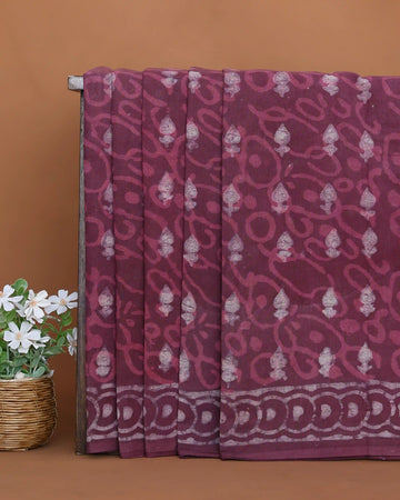 Dabu Hand Block Printed Pure Cotton Saree with Traditional Floral Motif and Decorative Border - Onion Pink